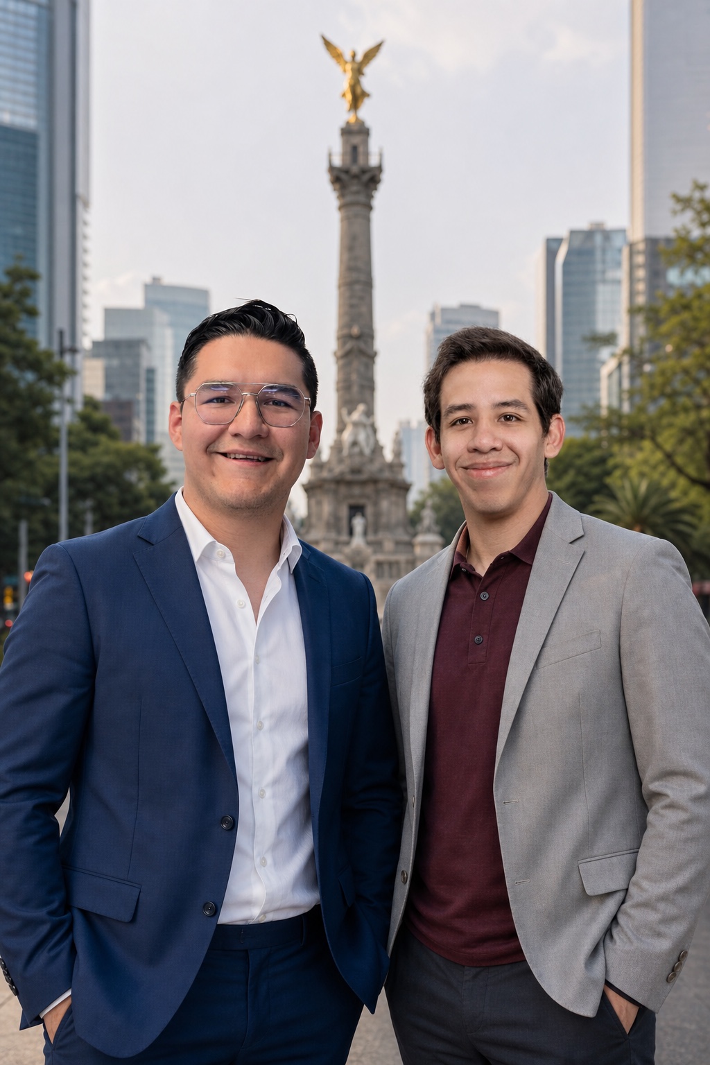 Fernando Campos y Rogelio García frente al Ángel de la Independencia, en Paseo de la Reforma